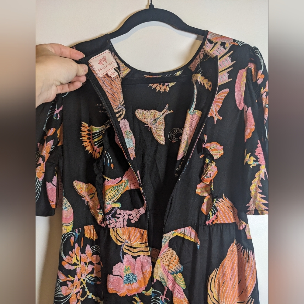 Banjanan Lenka Jungle Print Crew Neck Knee Length Toucan Moth Dress sz S - Picture 8 of 12